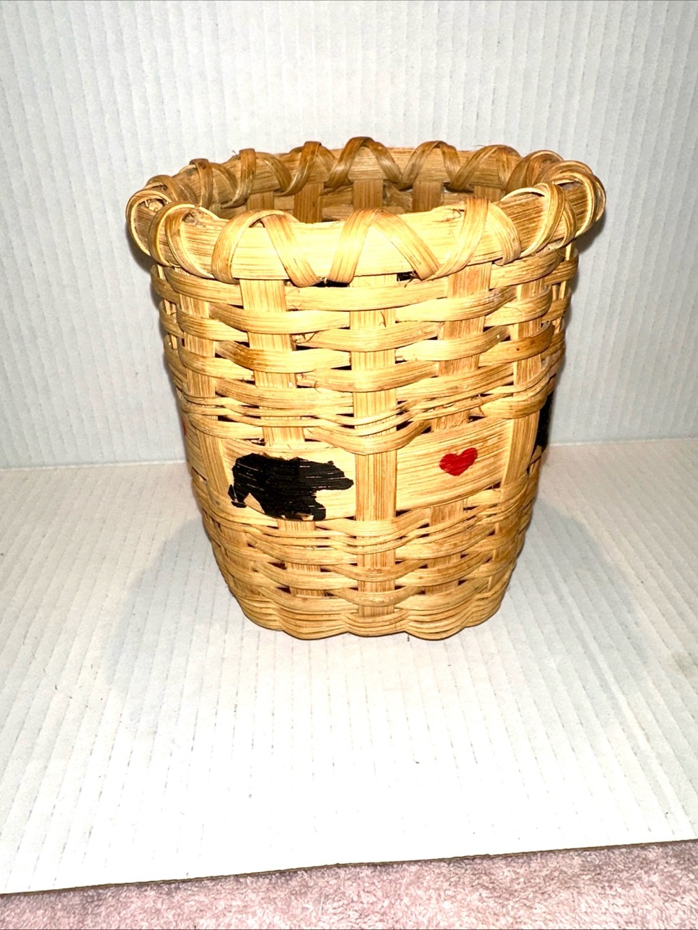 Handwoven Natural Wicker Basket with Hand painted Bears &  Red Heart Accent